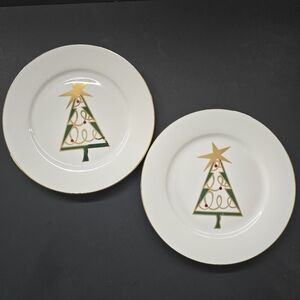 2- Pier 1 Christmas Tree  Appetizer Dessert Plates 7 5/8" Gold Star Green Tree
